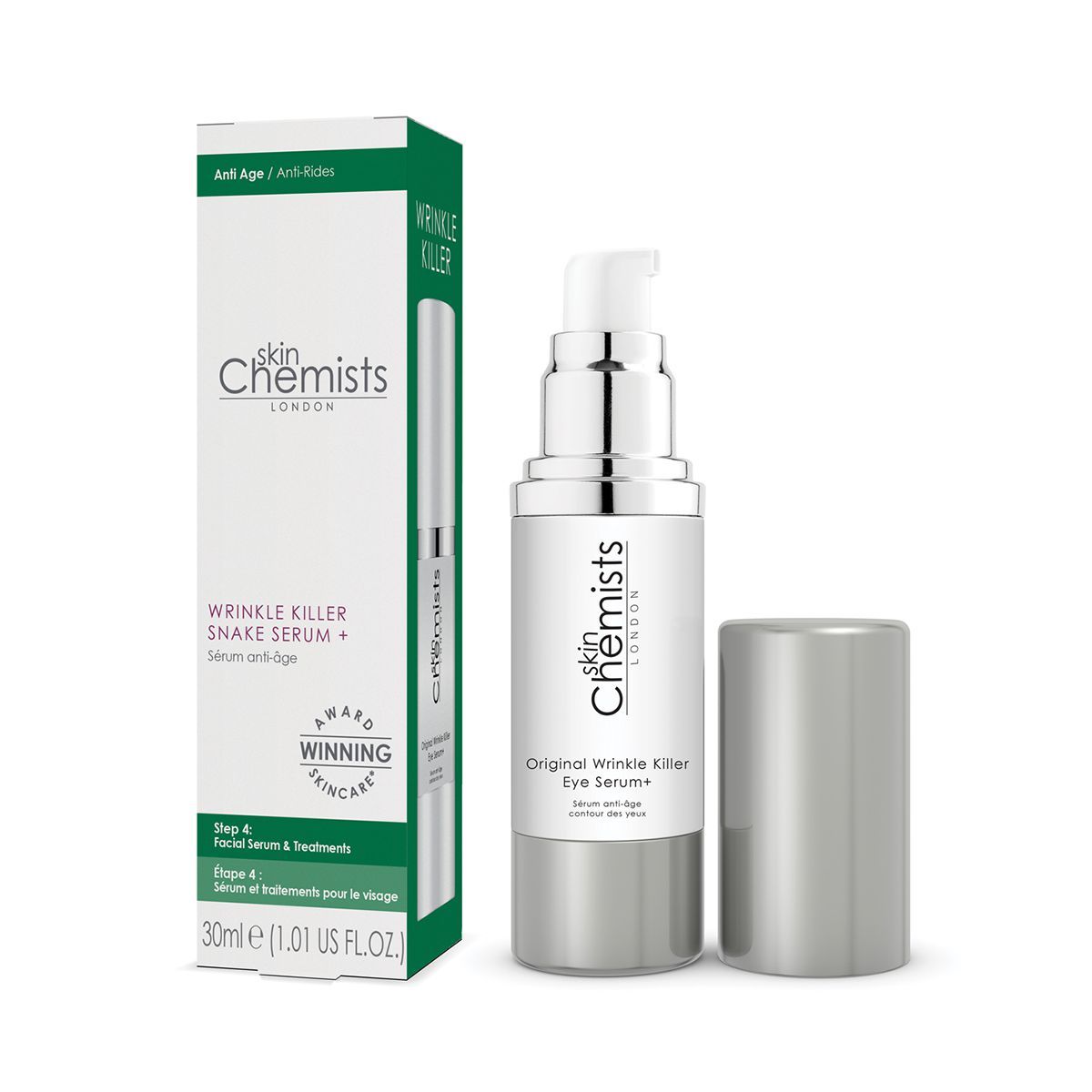 Augenserum-Flasche und Schachtel. Aufschrift: SkinChemists London, Original Wrinkle Killer Eye Serum+. Verpackung: 30ml.