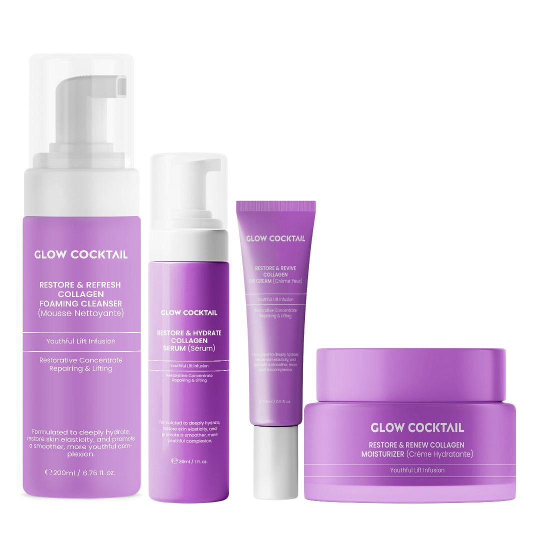 Vier lila Hautpflegeprodukte. Enthalten: Reinigungsschaum, Serum, Augencreme und Feuchtigkeitscreme. Alle Produkte tragen den Namen Glow Cocktail.