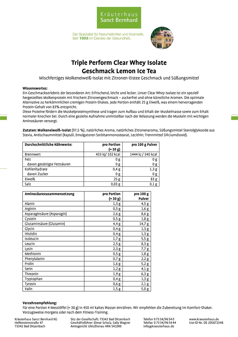 Weißes Blatt mit Text und Tabellen. Überschrift: Triple Perform Clear Whey Isolate Geschmack Lemon Ice Tea. Nährwertangaben und Aminosäuren.