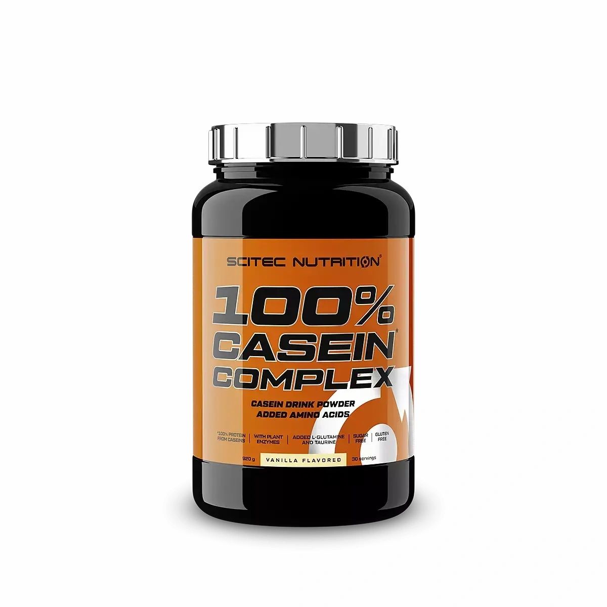 Schwarze Dose mit orangefarbenem Etikett. Aufschrift: Scitec Nutrition 100% Casein Complex. Vanille-Geschmack. Deckel silberfarben.