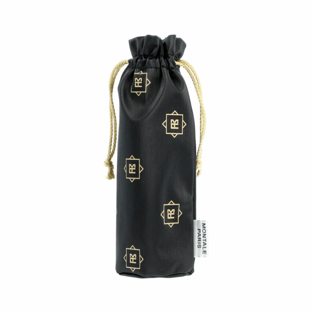 Schwarzer Beutel mit goldenem Logo-Muster und Kordelzug. Etikett mit Produktnamen.