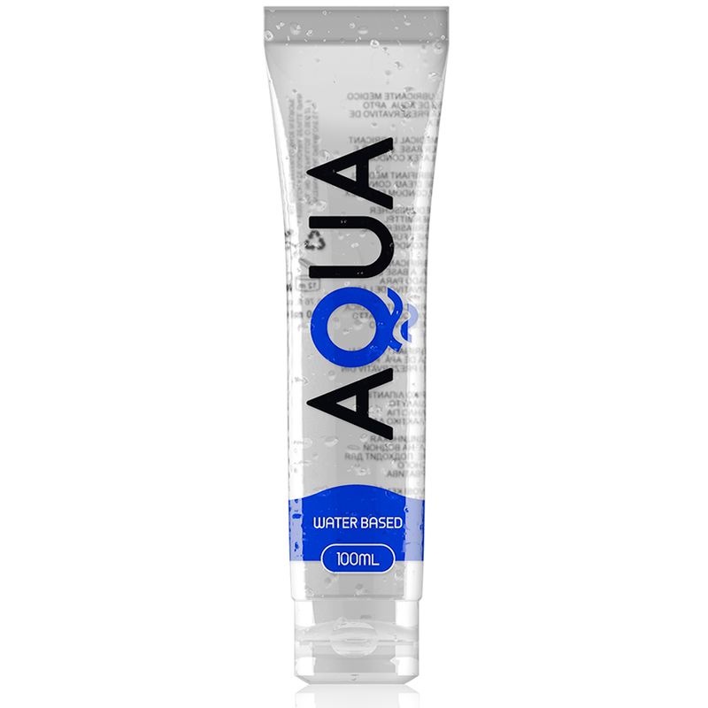 Transparente Tube mit AQUA-Logo und Schriftzug WATER BASED. Blaue Akzente. 100ml.