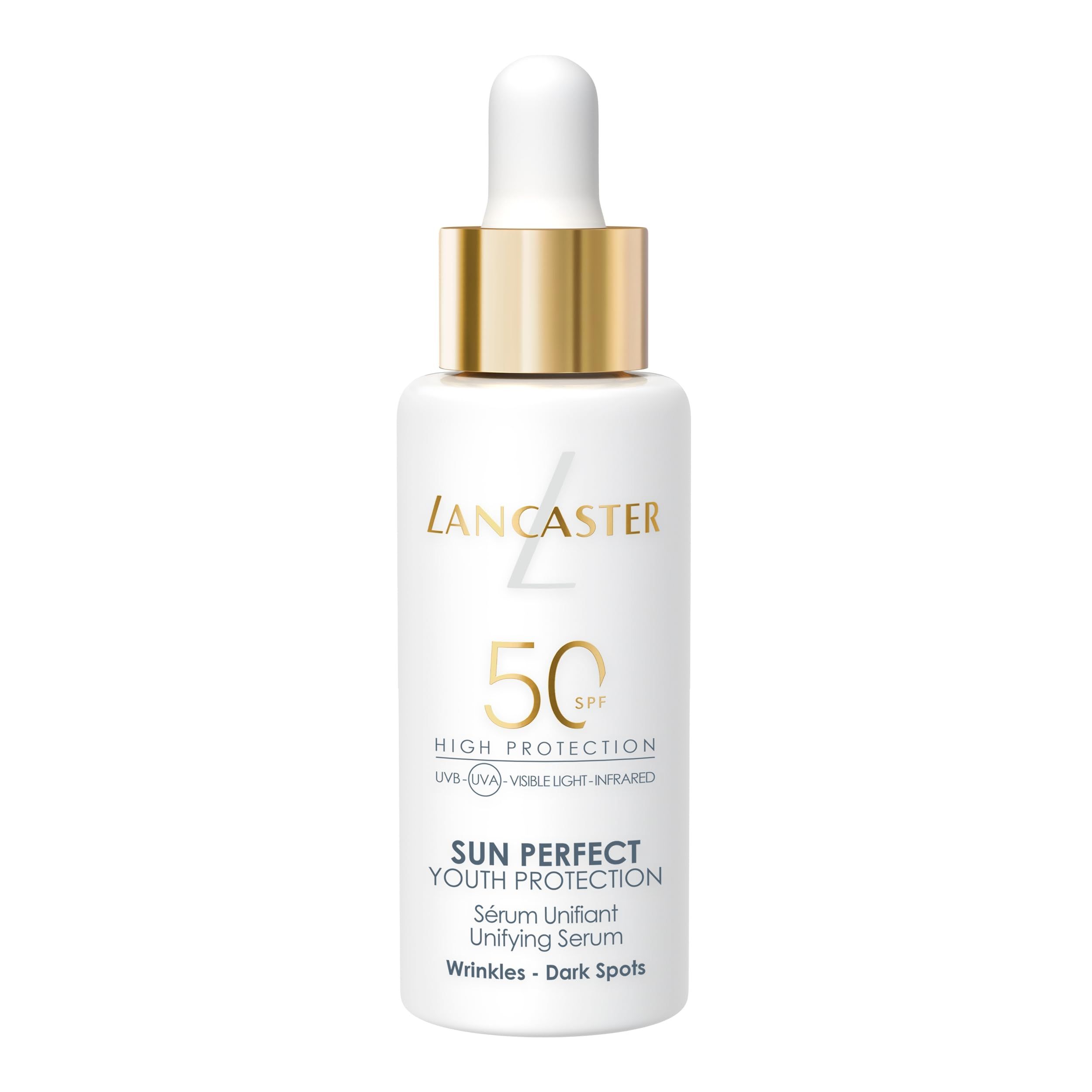 Weiße Flasche mit goldener Kappe und Pipette. Aufschrift: Lancaster, 50 SPF, Sun Perfect Youth Protection. Gegen Falten und dunkle Flecken.