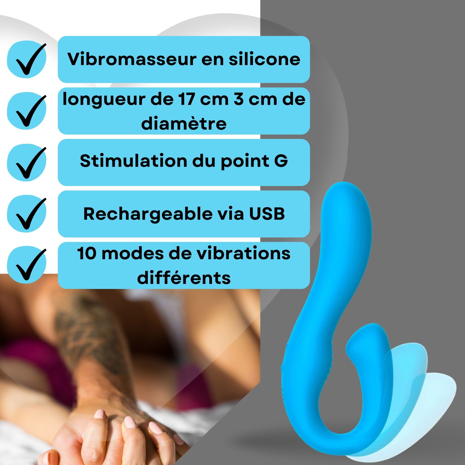 Vibromasseur bleu en silicone. 17cm, 3cm diamètre. Stimulation point G. Rechargeable USB. 10 modes.