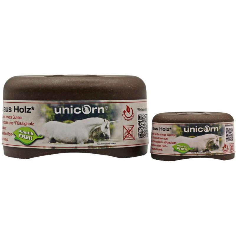 Zwei braune Seifendosen. Aufschrift 'unicorn' und Einhorn-Abbildung. Text: 'aus Holz'.