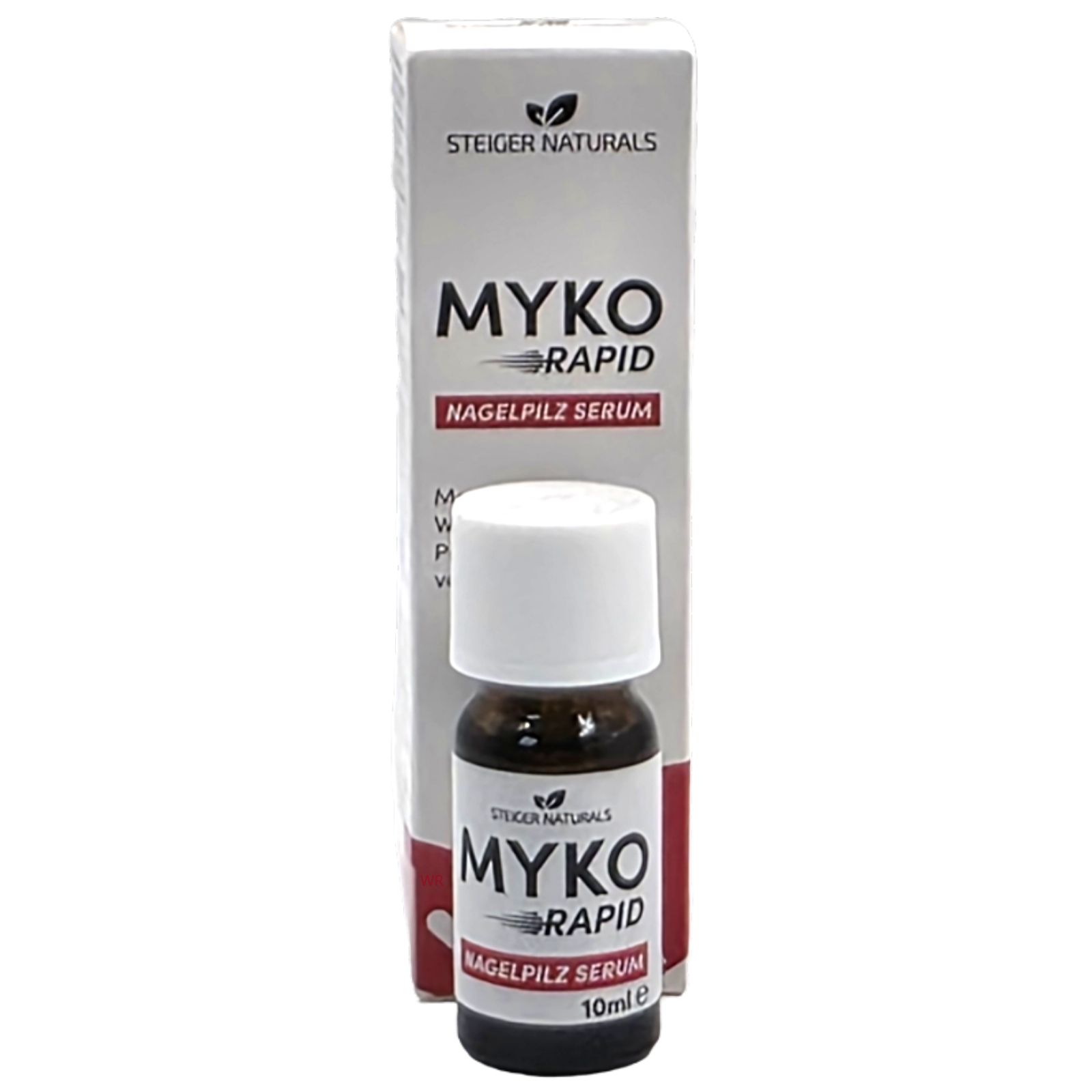 Produktflasche und Schachtel mit MYKO RAPID Nagelpilz Serum. Braune Flasche, weißer Deckel. Schachtel: rot und weiß. 10ml.
