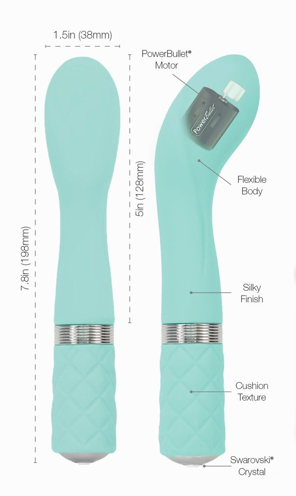 Teal-farbener Vibrator mit Größenangaben. Zylindrischer Griff mit Rautenmuster, silberfarbener Ring, gebogener Kopf.