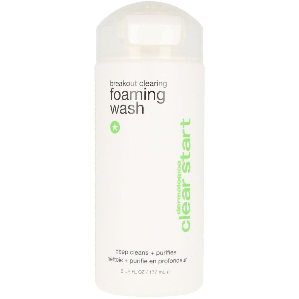 Weiße Flasche mit grünem Text. "Breakout Clearing Foaming Wash" und "clear start" sind sichtbar. Transparenter Deckel.