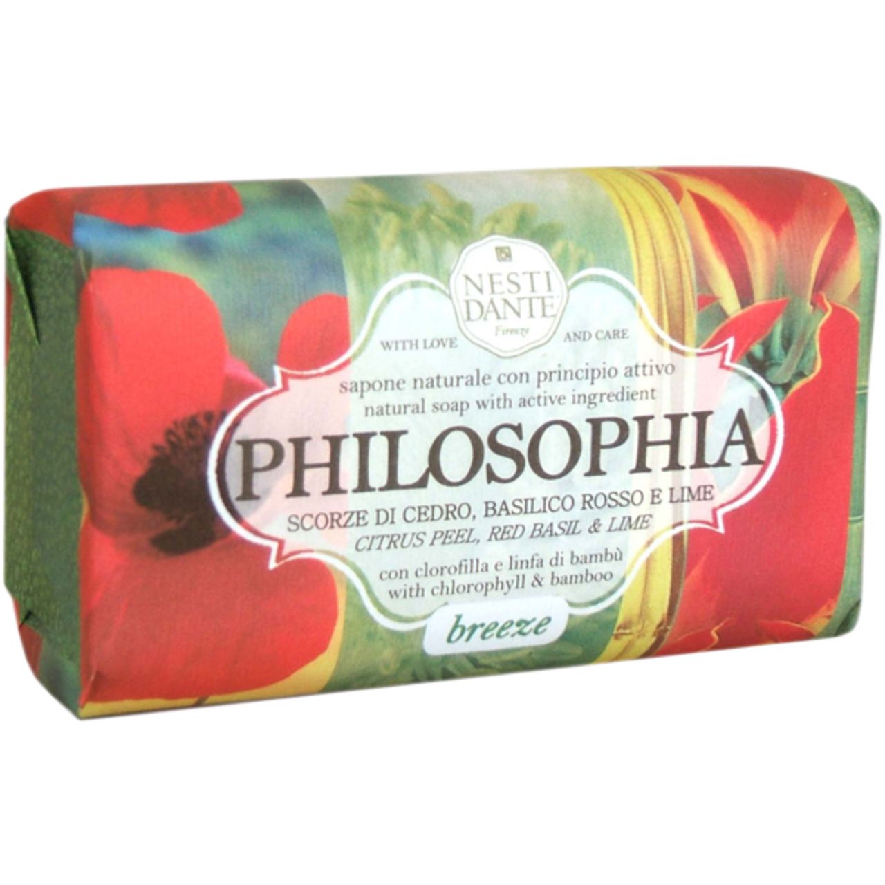 Seife in floraler Verpackung. Aufschrift: Philosophia, Nesti Dante. Inhaltsstoffe: Zeder, rotes Basilikum, Limette.