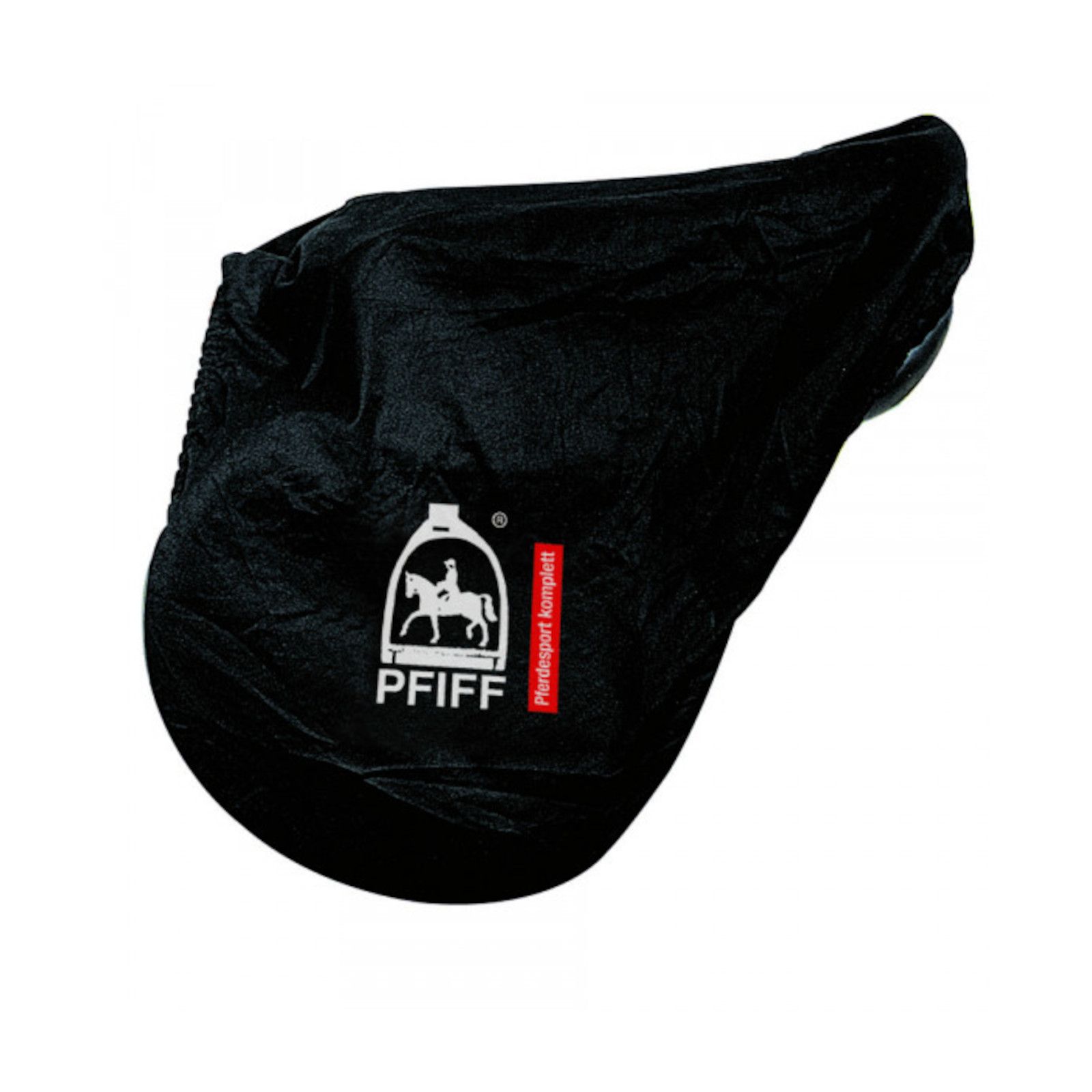 Schwarzer Sattelschoner. Logo mit Reiter und Pferd. Text: Pfiff, Pferdesport komplett.