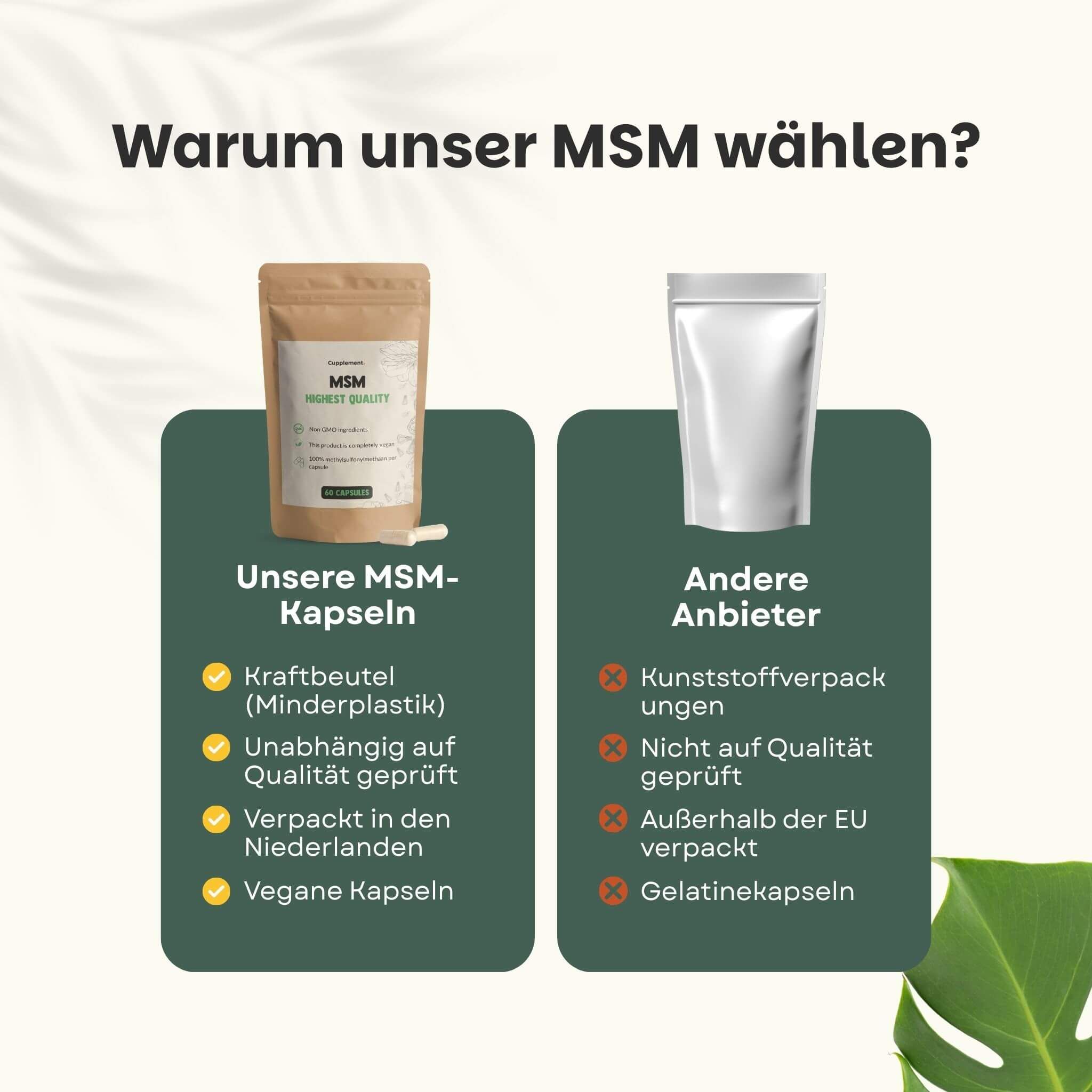 Vergleich: Cupplement MSM Kapseln vs. andere Anbieter. Kraftbeutel, vegane Kapseln.