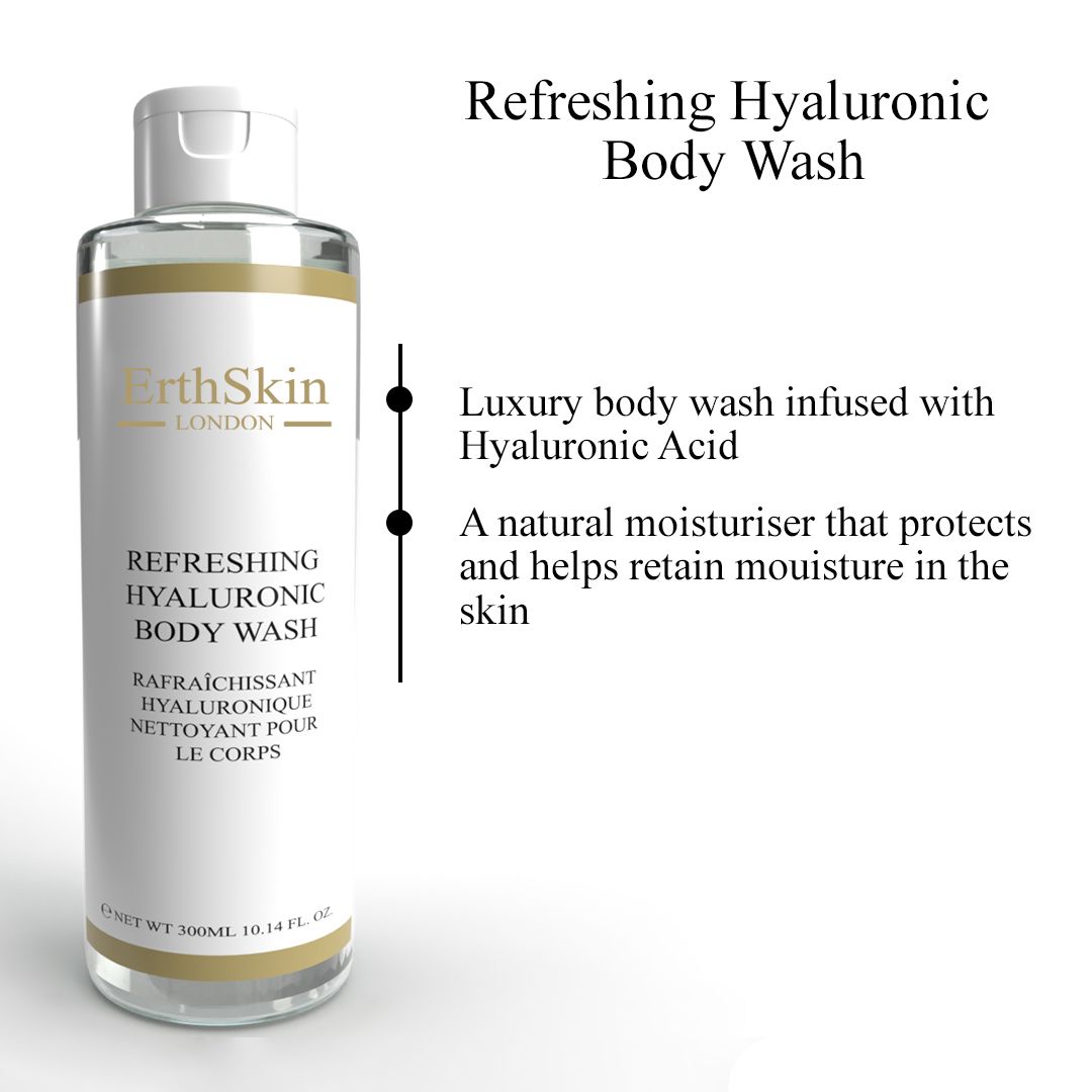 Körperwaschmittel-Flasche mit weißem Etikett. Text: ErthSkin London, Refreshing Hyaluronic Body Wash, Nettoyant pour le corps.