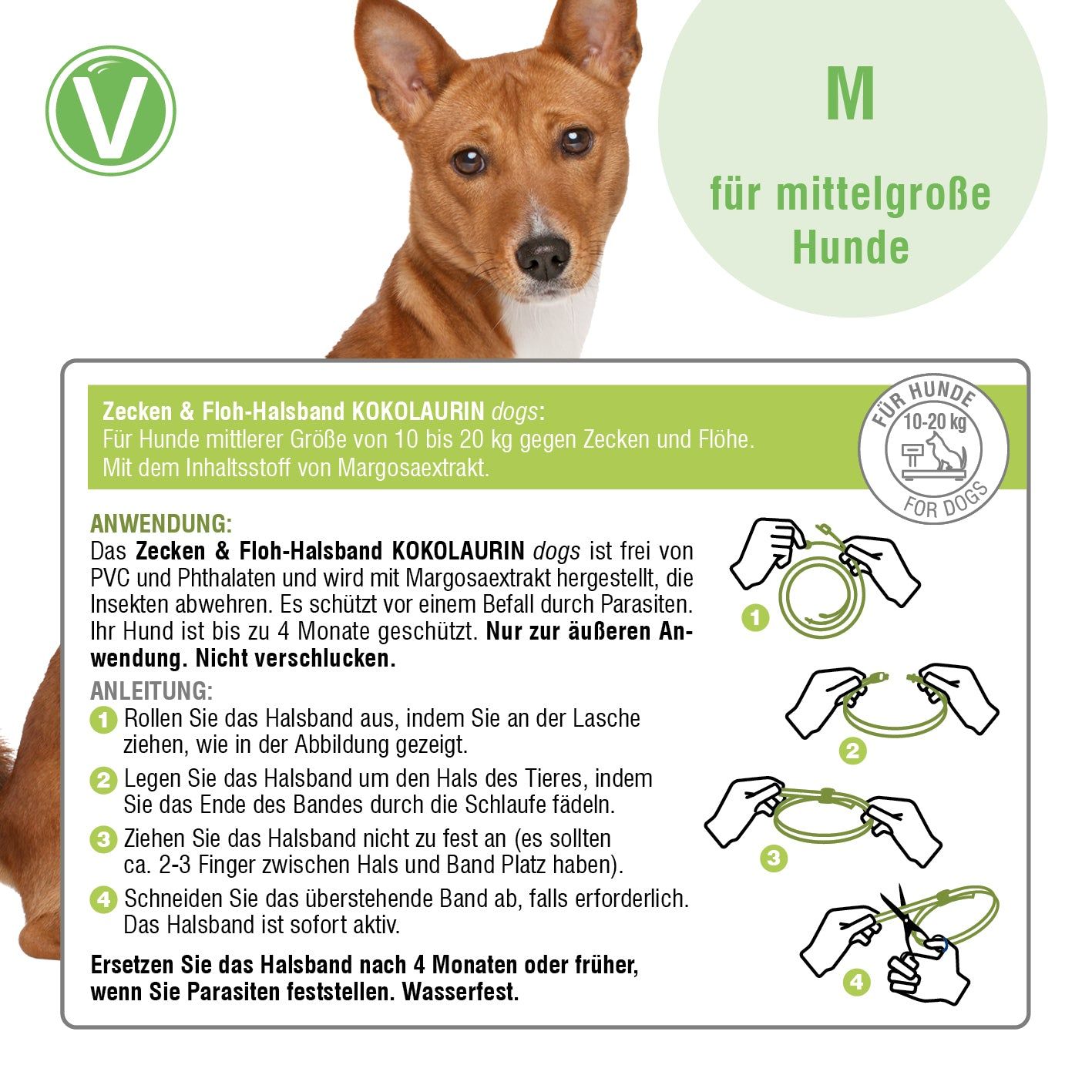 Detailansicht des Vetlando Zecken- & Floh-Halsband Kokolaurin für mittlere Hunde (10-20 kg). Mit Margosaextrakt.