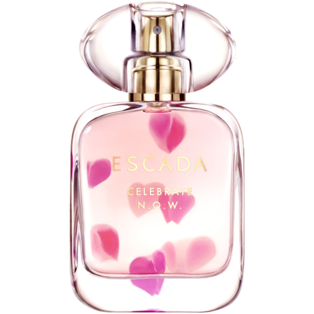 Escada Celebrate Now Eau de Parfum Spray Flakon. Rosa Flüssigkeit, Blütenblätter. Aufschrift: Escada Celebrate N.O.W.