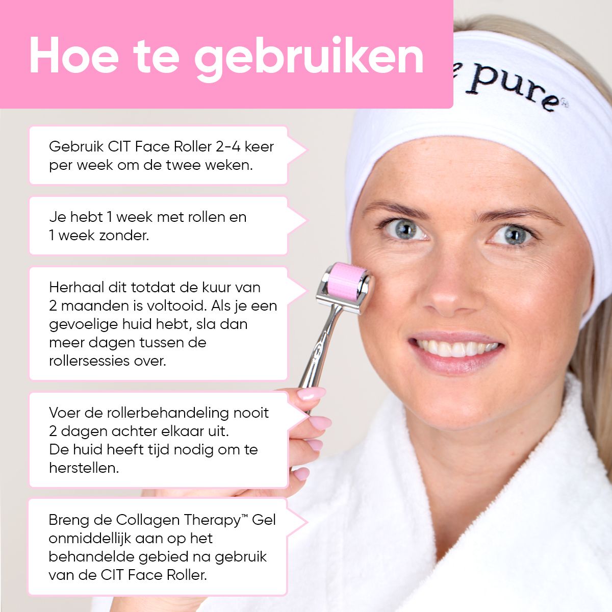 Vrouw met haarband en gezichtsroller. Gebruiksaanwijzing. Opschrift: âme pure.