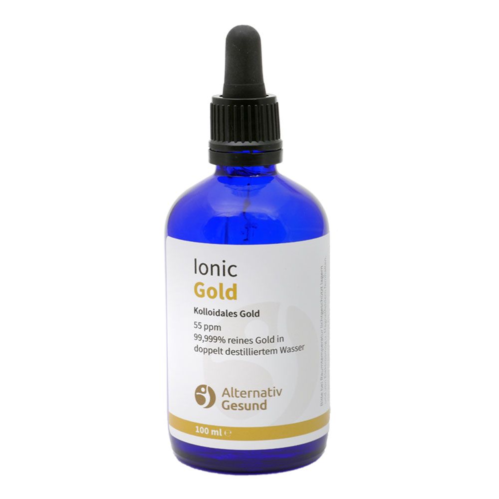 Blaue Glasflasche mit schwarzem Tropfer. Aufkleber mit "Ionic Gold", "Alternativ Gesund" und Produktinformationen. 100 ml.