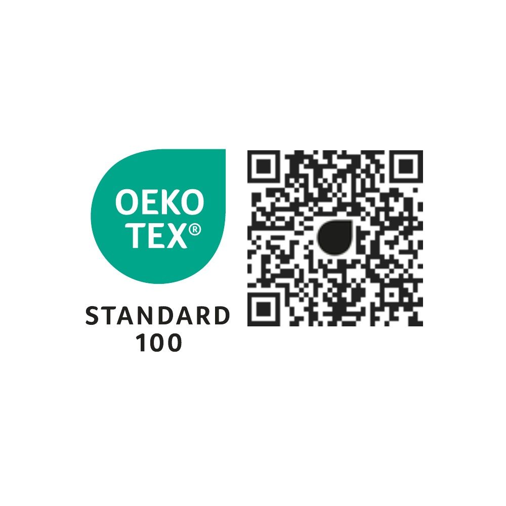 OEKO-TEX® STANDARD 100 Siegel auf petrolfarbenem Hintergrund.