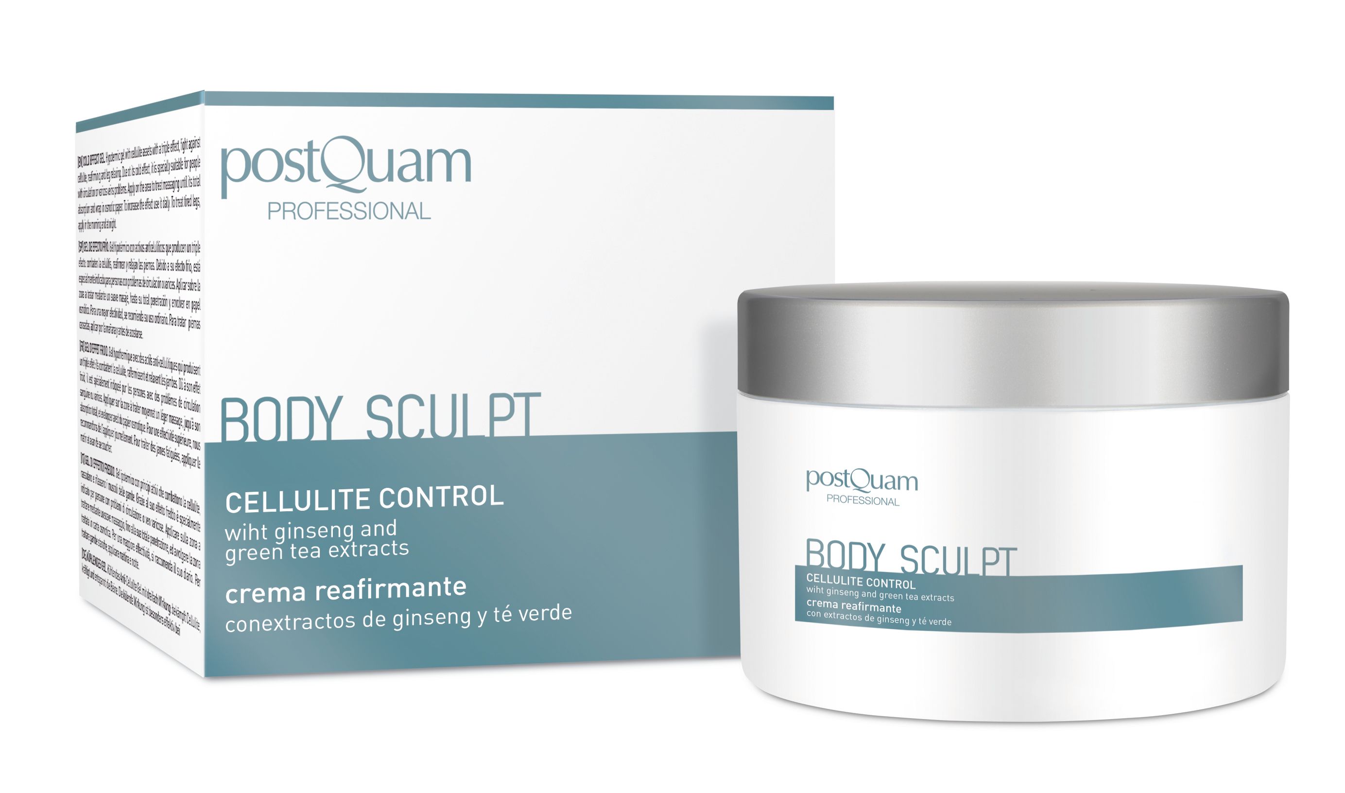 Creme-Dose und Schachtel. Aufschrift: Body Sculpt, Cellulite Control. Mit Ginseng und Grüntee-Extrakten. Marke: postQuam.