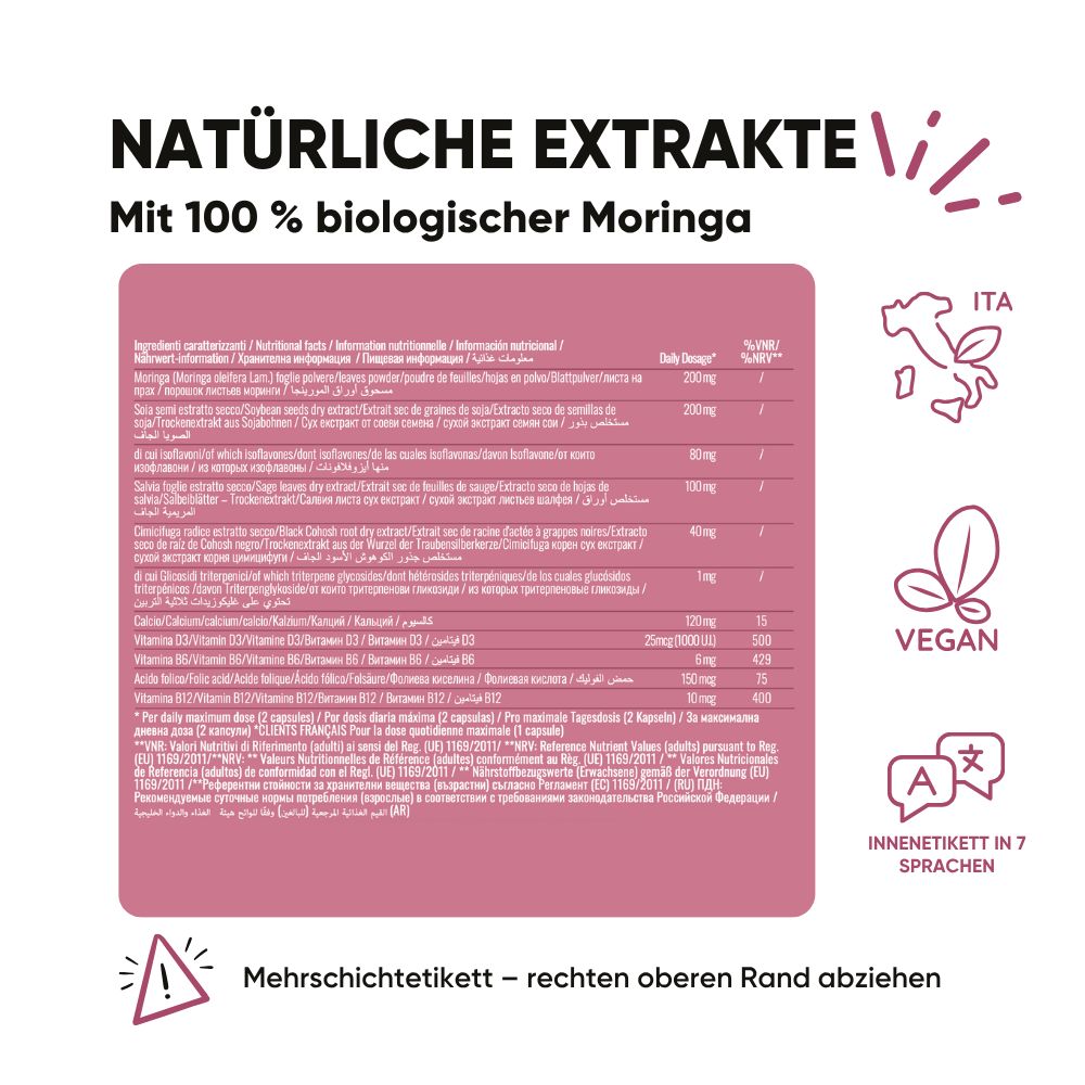 Flasche mit 60 Kapseln, mit Moringa, Soja und Cimicifuga, für die Menopause.