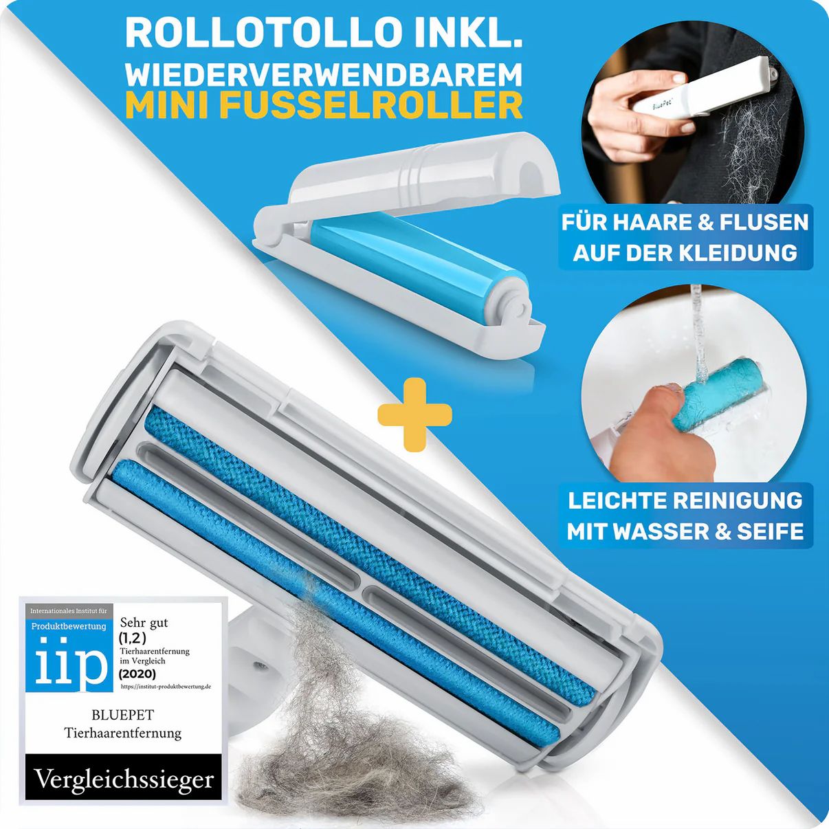 RolloTollo Tierhaarentferner und Mini Fusselroller. Produkt mit blauer Rolle und weißem Gehäuse. IIP-Siegel.