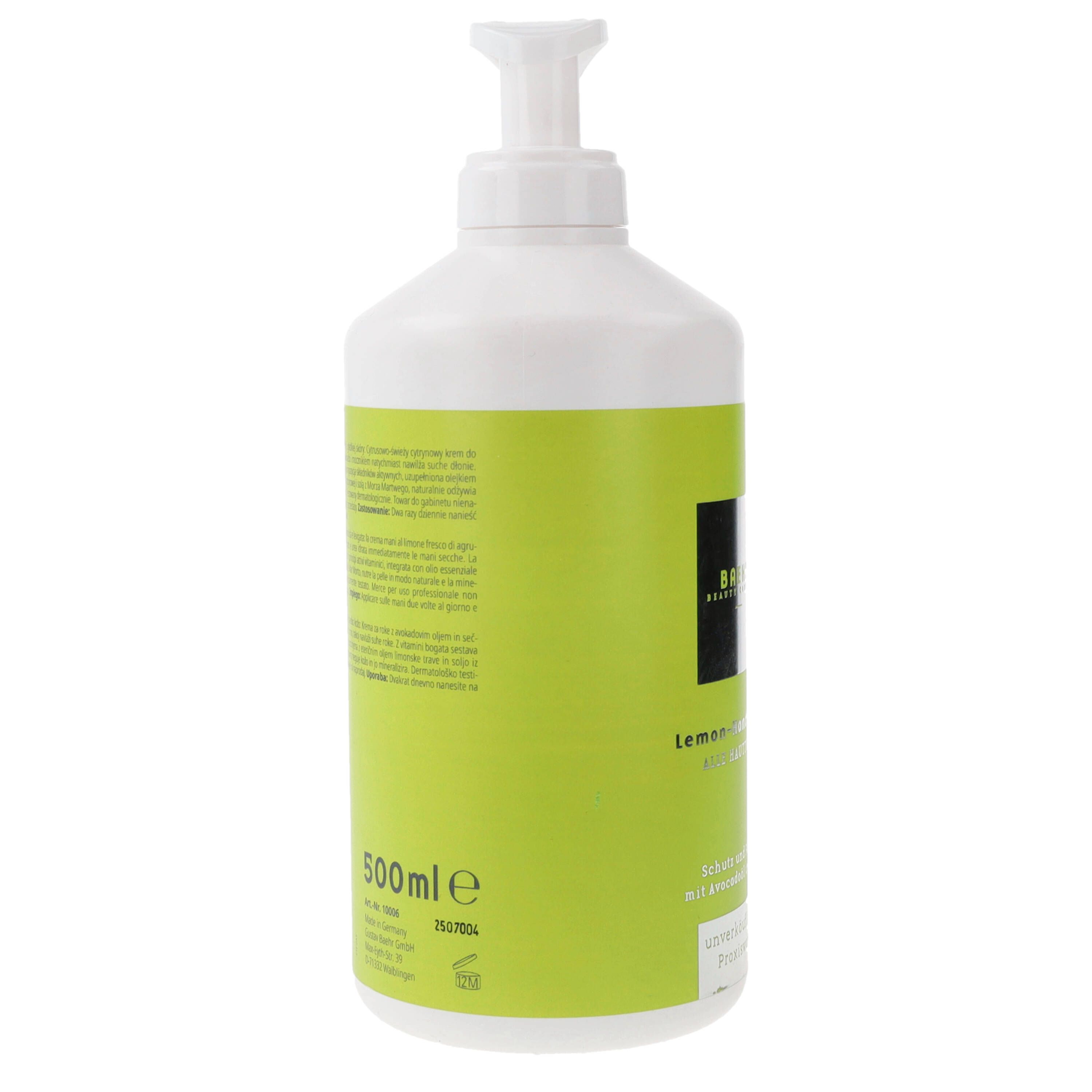 Weiße Flasche mit grünem Etikett. Aufschrift: 500ml. Mit Spender.