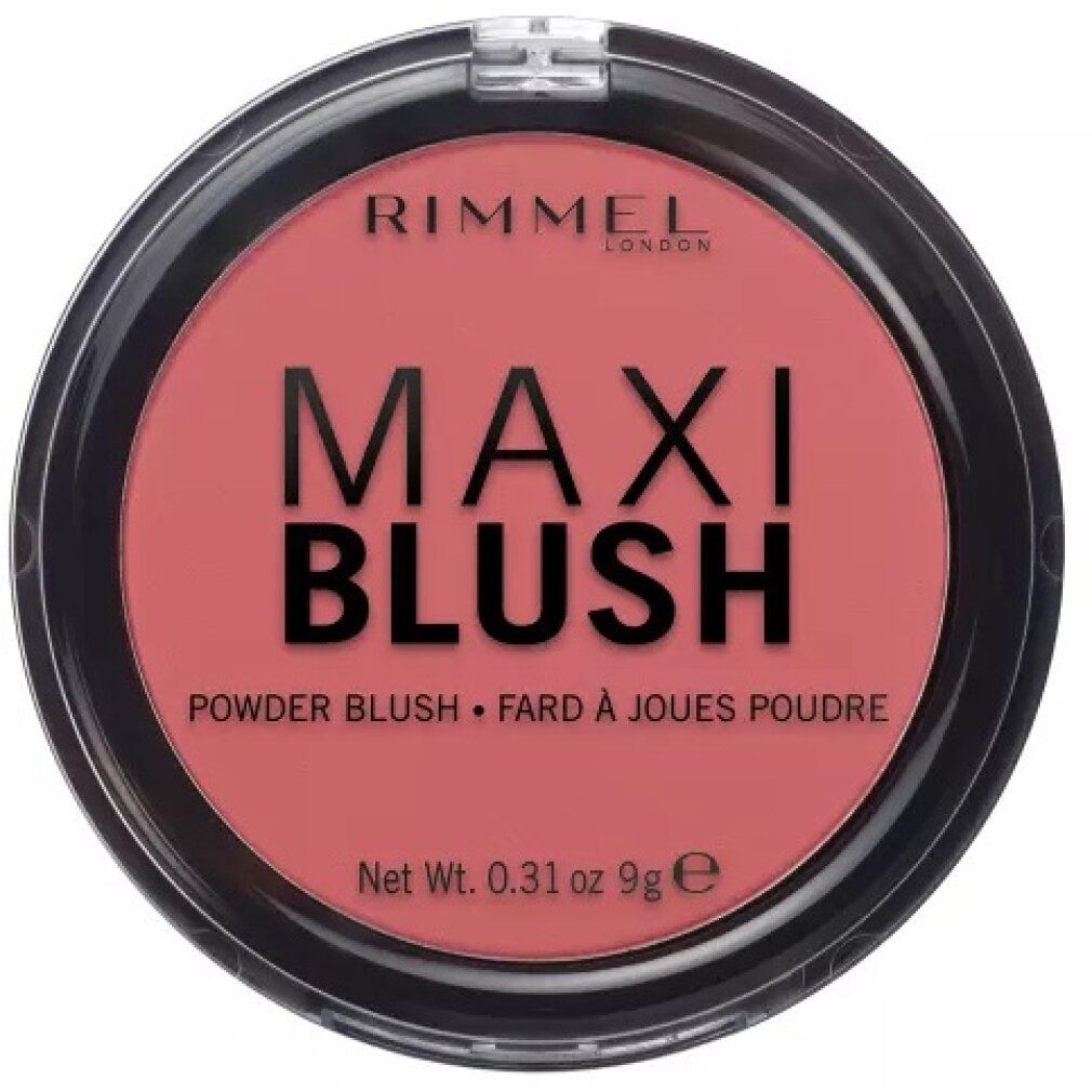 Runder Blush-Puder von Rimmel London. Schwarzer Behälter mit rosafarbenem Puder. Schriftzug MAXI BLUSH und weitere Details.
