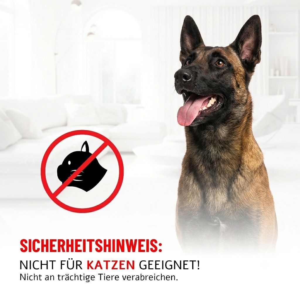 Deutscher Schäferhund mit Warnsymbol: Nicht für Katzen geeignet.