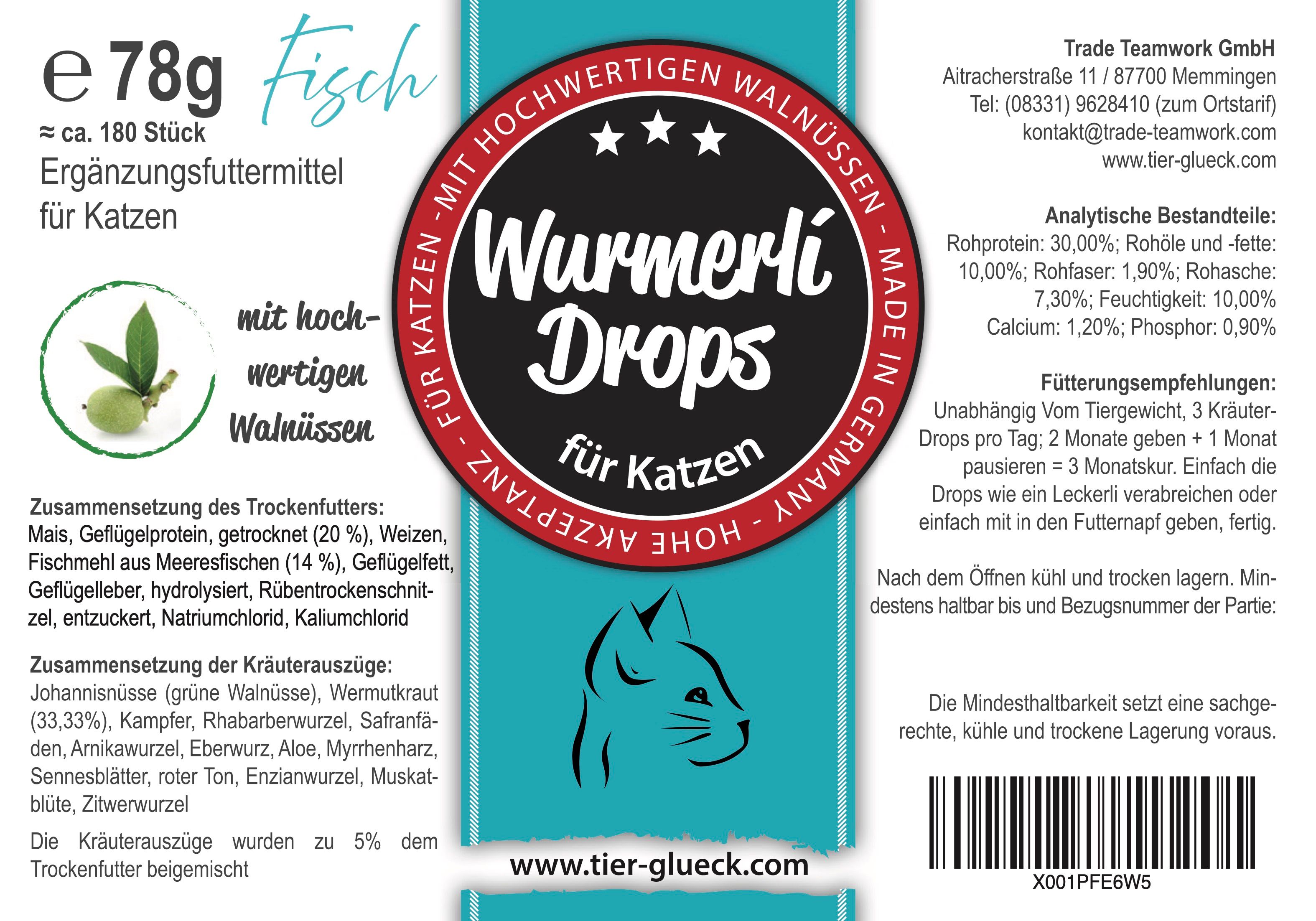 Etikett Katzen-Leckerlis. Text: Wurmerli Drops, Fisch, mit hochwertigen Walnüssen. Zusammensetzung, Fütterungsempfehlung, Made in Germany.