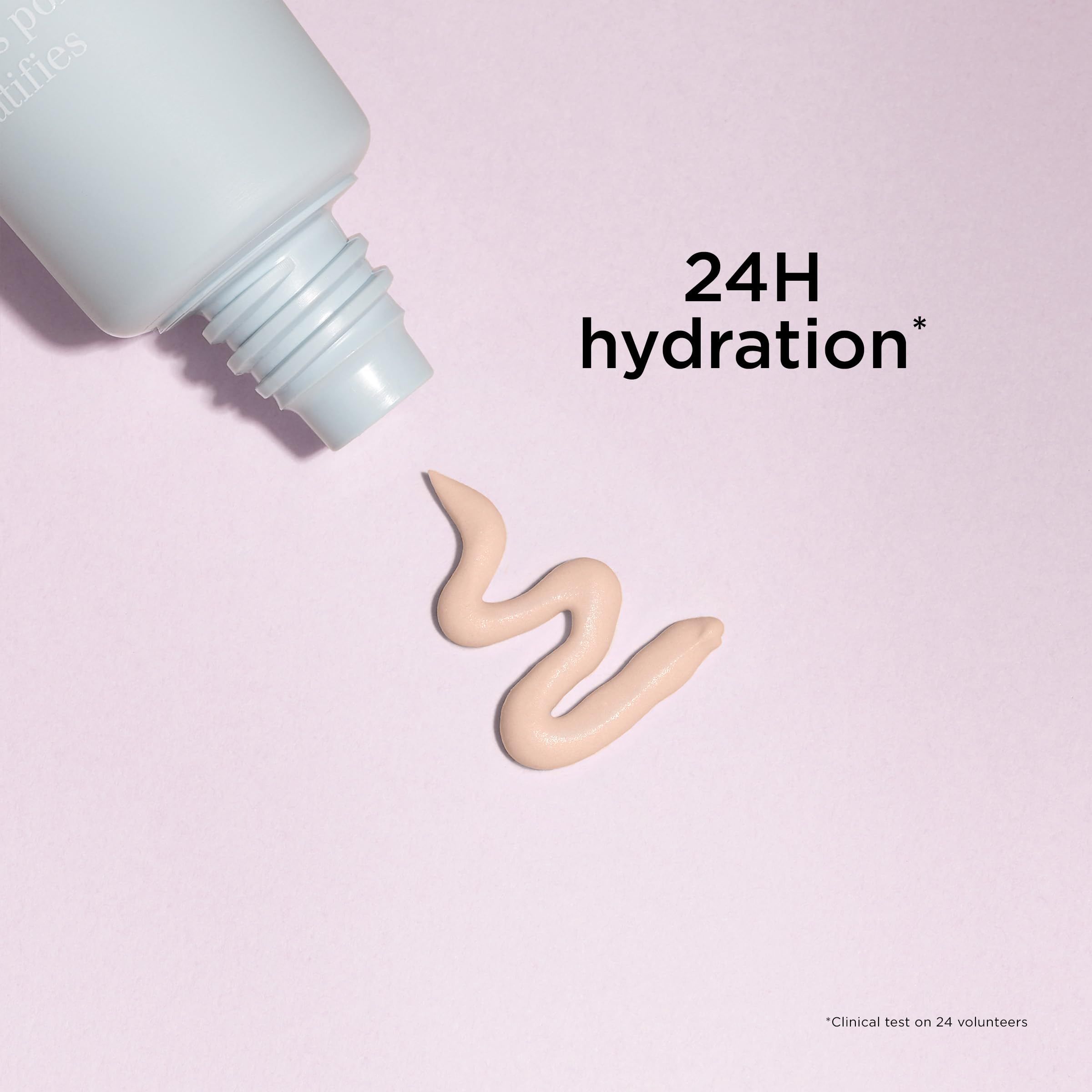 Hellbeige Primer-Strähne. Text: 24H hydration. Produktname nicht sichtbar.