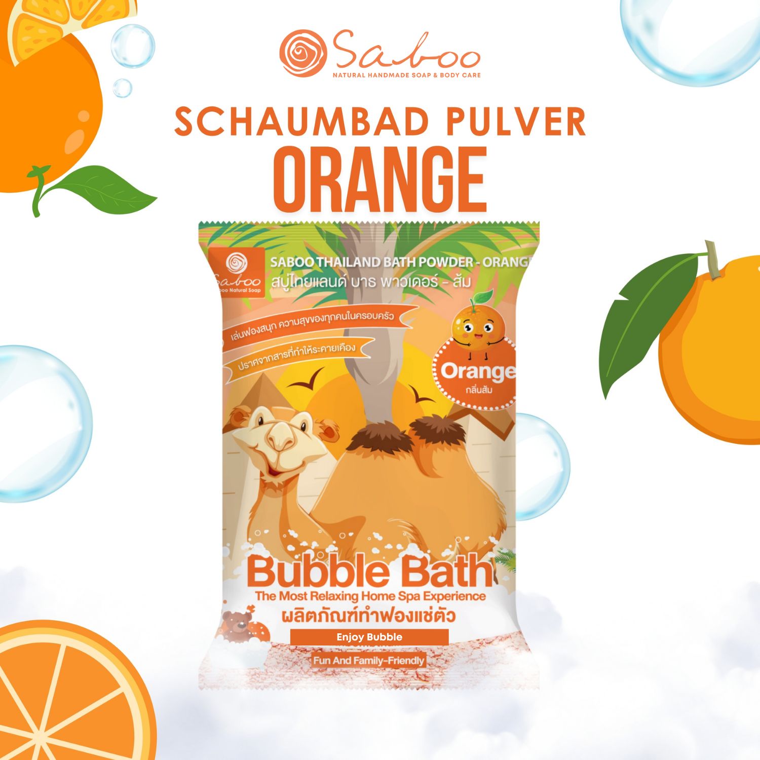 Verpackung von SABOO Schaumbad Pulver - Orange. Logo, Text und Illustrationen. Orangefarbener Hintergrund.