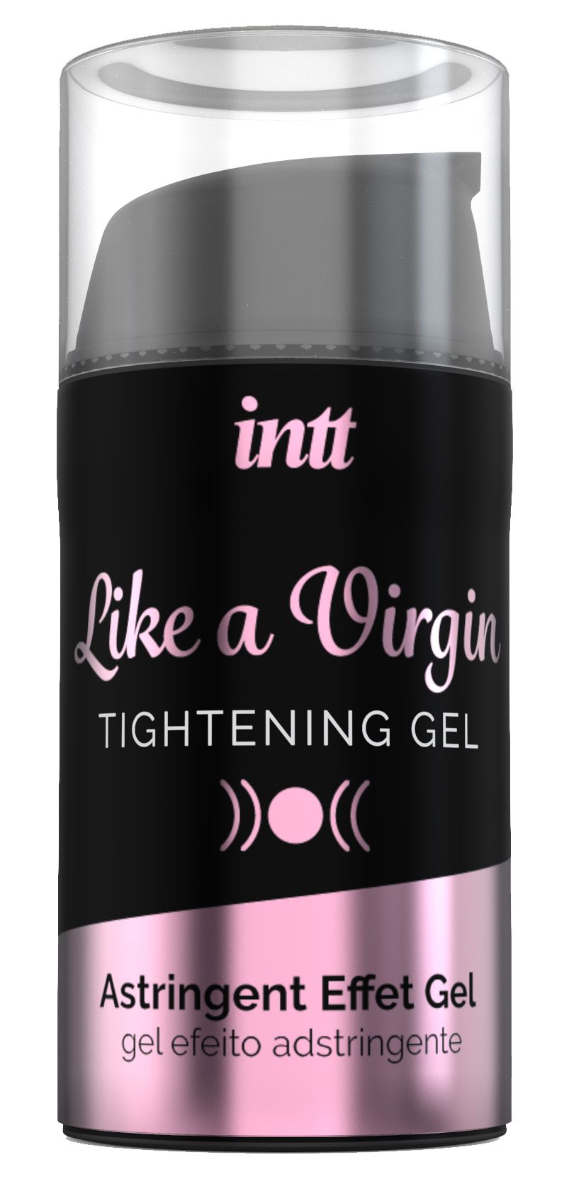 Schwarze Flasche mit rosa Akzenten. Aufschrift: INTT, Like a Virgin Tightening Gel. Astringent Effect Gel.