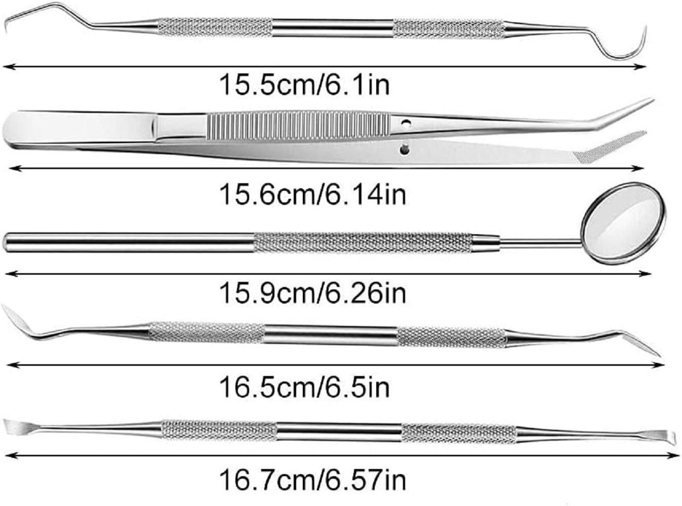 Fünf Zahnwerkzeuge mit Längenangaben in cm/Zoll. Enthalten: Haken, Pinzette, Spiegel, gebogenes Werkzeug und Spatel. Edelstahl.