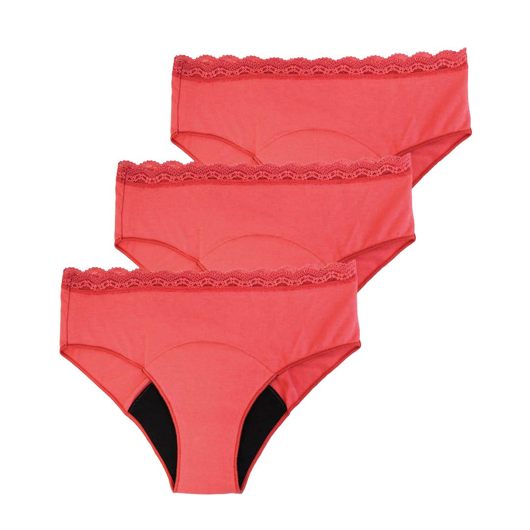 Drei rote Hipster-Periodenunterhosen mit Spitze am Bund. Schwarzer Einsatz im Schrittbereich.