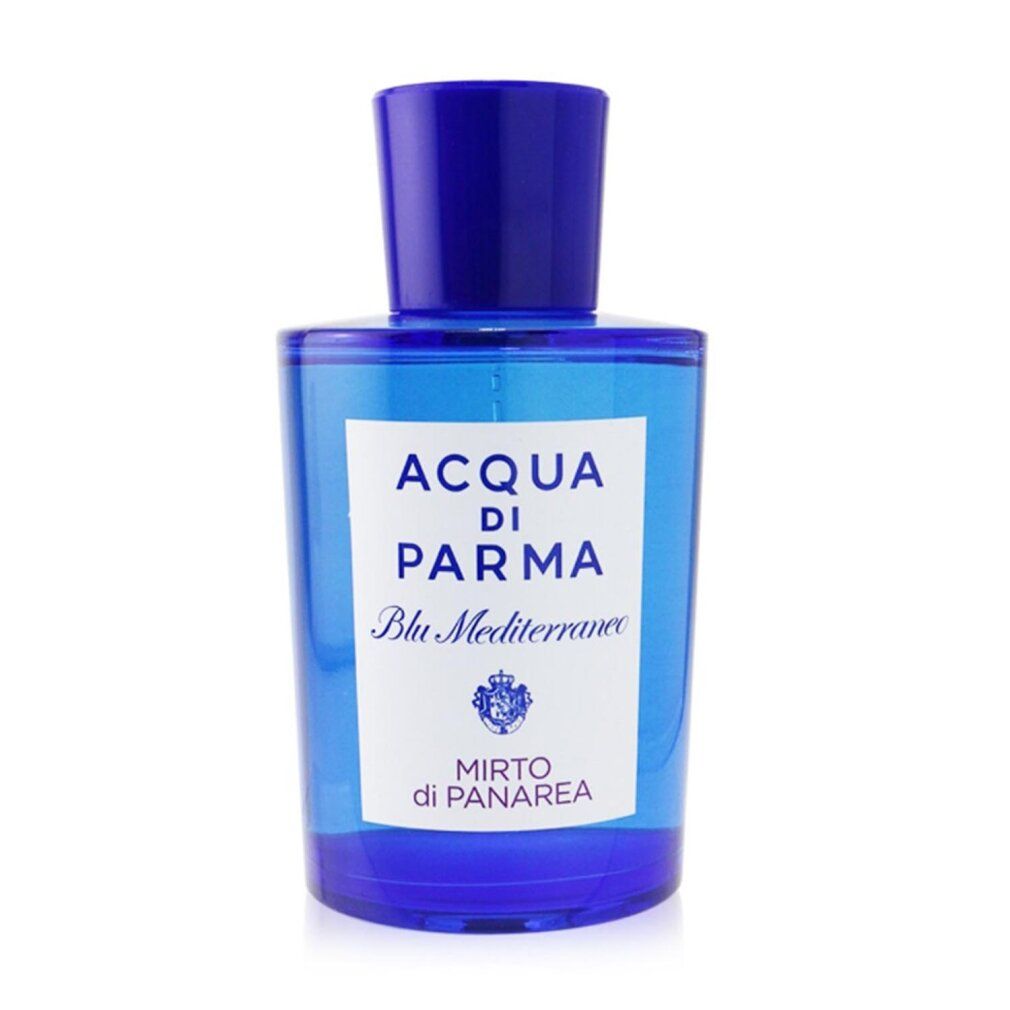 Blaues Parfümflakon mit weißem Etikett. Aufschrift: Acqua di Parma Blu Mediterraneo Mirto di Panarea.