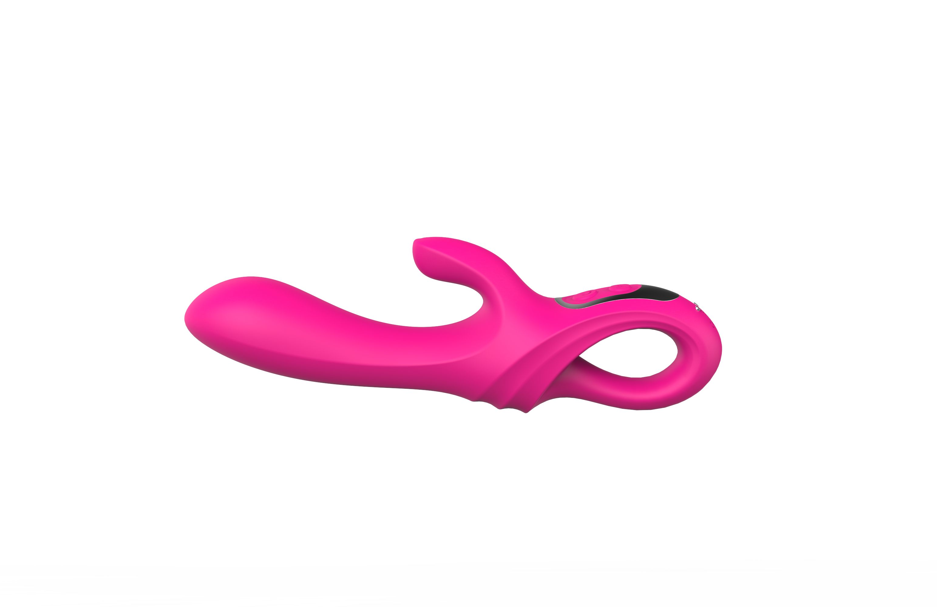 Rosa Vibrator, horizontal. Gebogene Form mit Schlaufe. Zwei Knöpfe und eine abgerundete Spitze. Auf weißem Hintergrund.