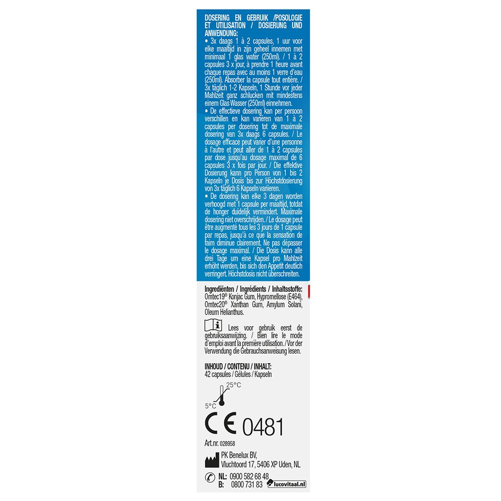 Seite der Obesimed Forte Verpackung. Enthält Informationen zu Dosierung, Inhaltsstoffen und Kontaktinformationen.