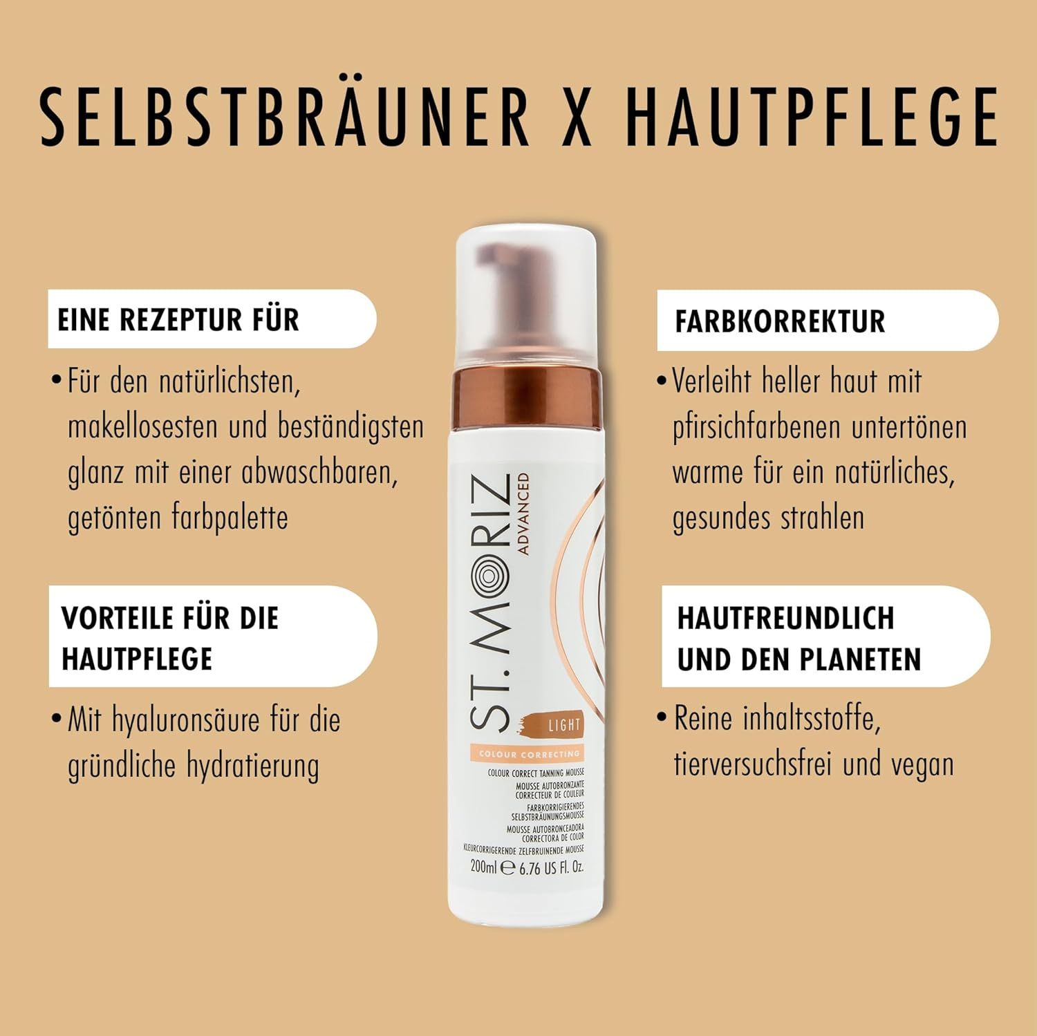 ST. MORIZ Advanced Tanning Mousse, Light. Produkt neben Texten über Vorteile und Inhaltsstoffe. Vegan und tierversuchsfrei.