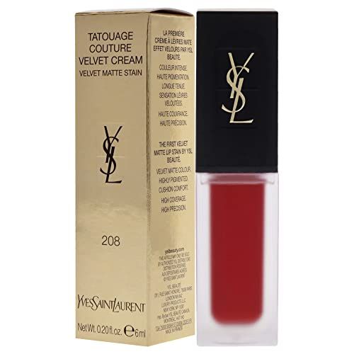 Yves Saint Laurent Tatouage Couture Velvet Cream. Produkt und Verpackung. Goldene Schrift auf schwarzem Hintergrund. Farbnummer 208.