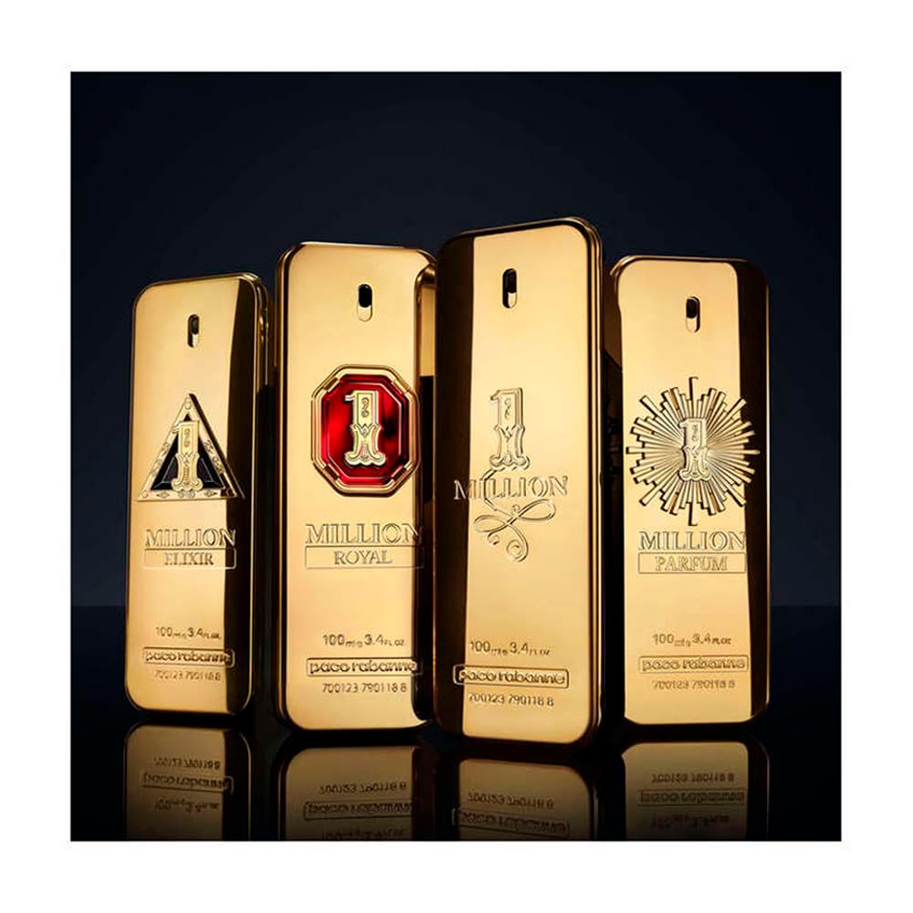 Vier goldene Flakons. Verschiedene Designs, alle mit dem Logo '1 Million'.
