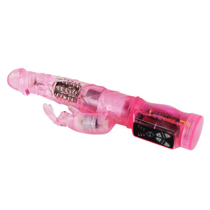 Rosa Vibrator mit transparenten Elementen. Mit Bedienfeld und Knopf. Der Vibrator hat eine Kaninchenform.