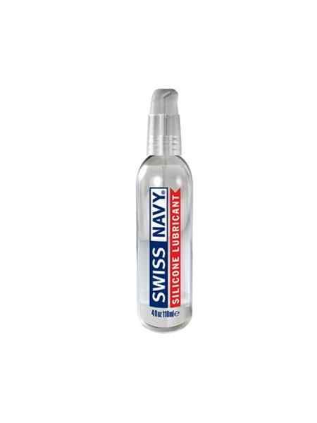 Transparente Flasche mit Pumpe. Aufkleber mit "SWISS NAVY SILICONE LUBRICANT".