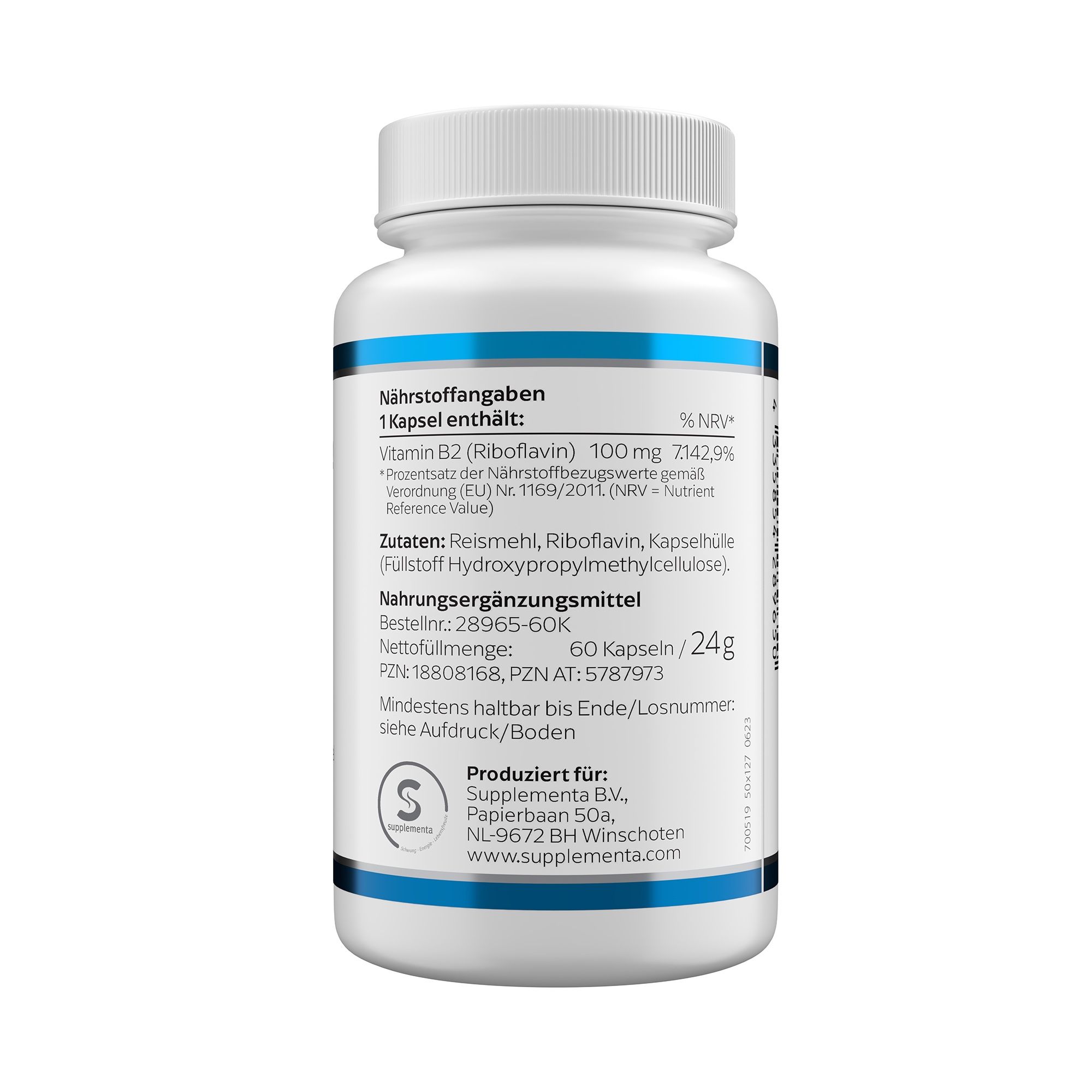 Weiße Flasche mit blauer Beschriftung. Enthält Vitamin B2 100 mg. Rückseite mit Nährwertangaben und Herstellerinformationen.