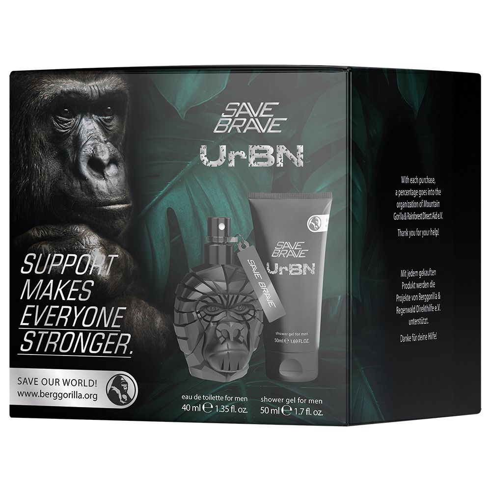 Geschenkset mit Eau de Toilette und Duschgel. Schwarze Flakons mit Gorilla-Kopf-Design. Verpackung mit Gorilla-Bild und Schriftzug.