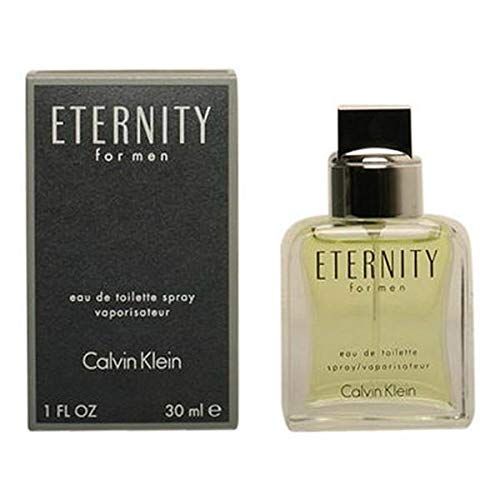 Produktverpackung und Flakon. Aufschrift: ETERNITY FOR MEN, Eau de Toilette Spray, CALVIN KLEIN. 1 FL OZ, 30 ml.