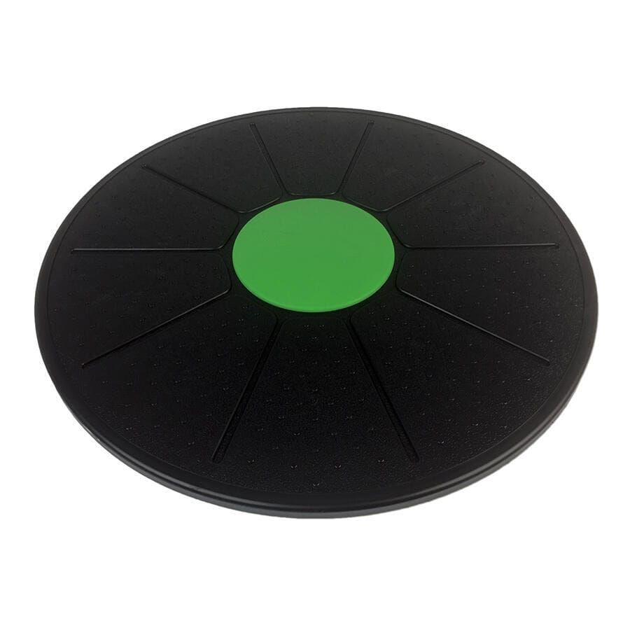 Rundes Balanceboard, schwarz mit grünem Zentrum. Oberfläche mit radialen Linien. Zentrales grünes Element.