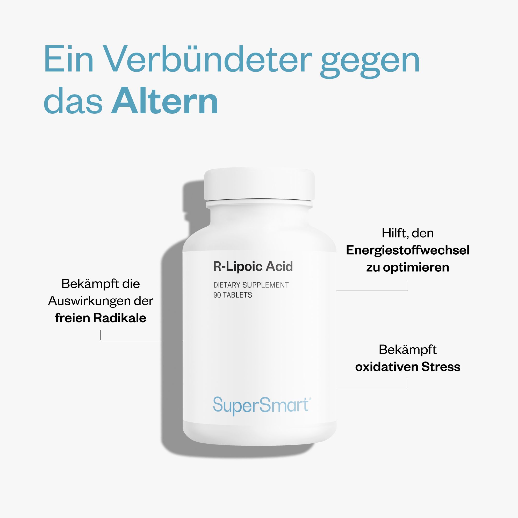 Weiße Flasche mit R-Liponsäure Tabletten. Text: R-Liponsäure, Dietary Supplement, 90 Tabletten. SuperSmart-Logo.