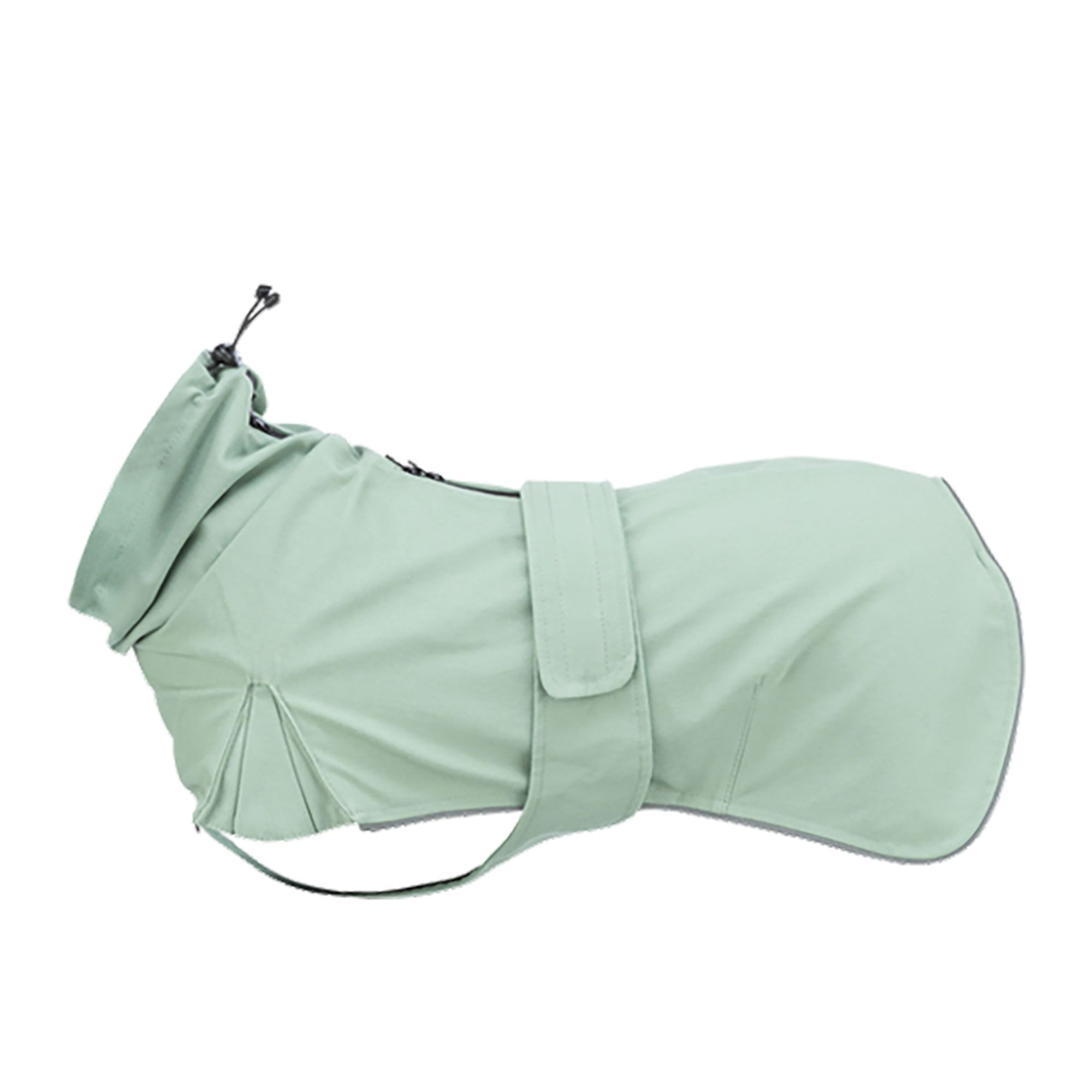 Hellgrüner Hunderegenmantel. Mit Kapuze, Klettverschluss und reflektierenden Elementen. Ansicht von oben.