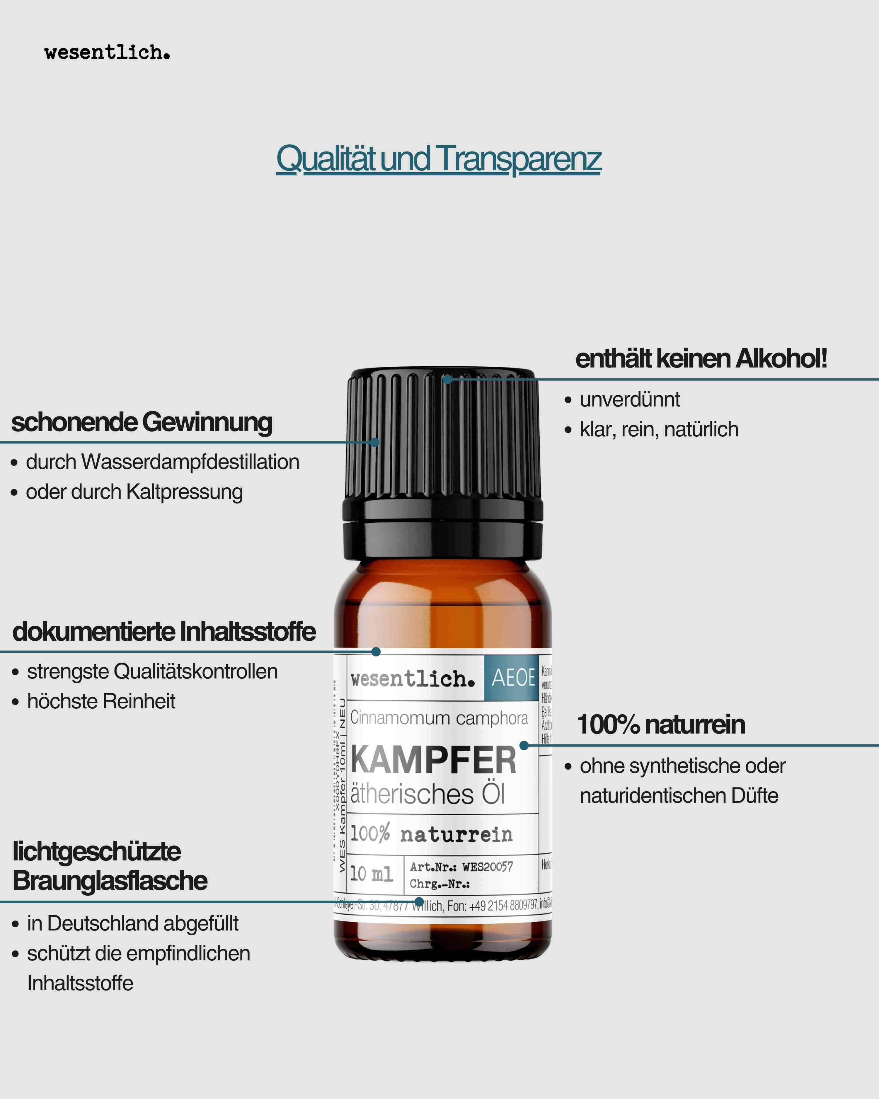 Flasche Kampferöl: schonende Gewinnung, dokumentierte Inhaltsstoffe, 100% naturrein, Braunglasflasche.