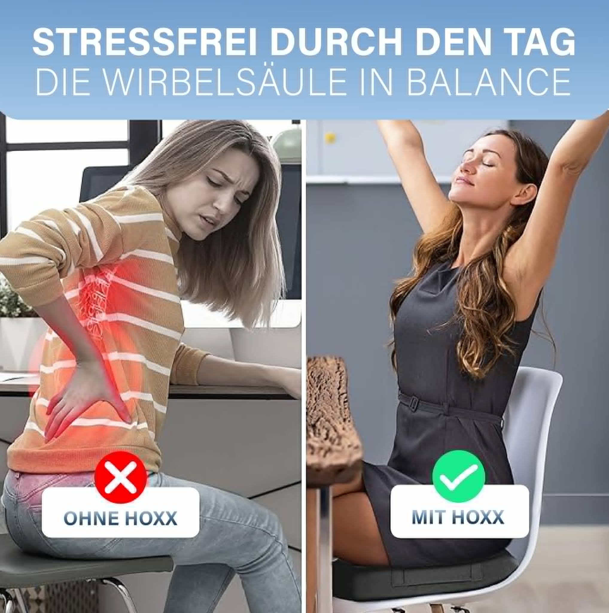Vergleich: Sitzkissen mit Hoxx für eine aufrechte Haltung vs. ohne für Rückenschmerzen.
