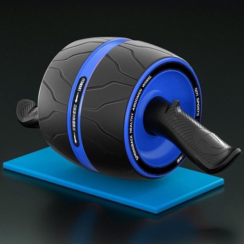 Bauchtrainer Rolle, schwarz mit blauem Rad und Griffen. Auf blauer Matte. Text: "SPRINGBACK HEALTHY ABDOMEN WHEEL".